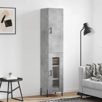 Aparador alto de madera contrachapada gris hormigón 34,5x34x180 cm con 1 puerta de cristal, mueble de almacenaje para salón, buffet y armario auxiliar