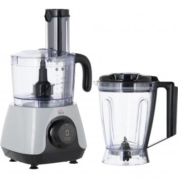 HOMCOM Procesador de Alimentos Robot de Cocina 650W Bol de 1L Vaso de 1,25L Amasador Batidora Exprimidor con Pantalla LED 3 Velocidades Función de