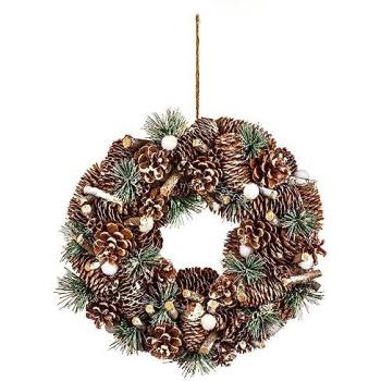 Corona decorativa navideña con bolas brillantes y piñas - D 34 cm