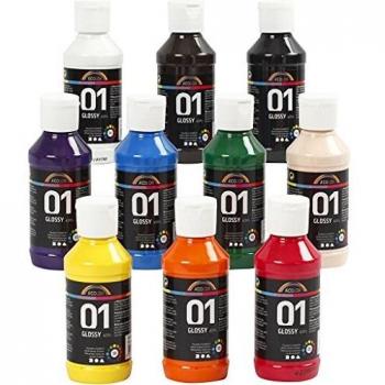 A-Color - Juego de 10 botes de pintura acrílica para principiantes, estudiantes y artistas profesionales, 10 x 100 ml, brillante, colores surtidos