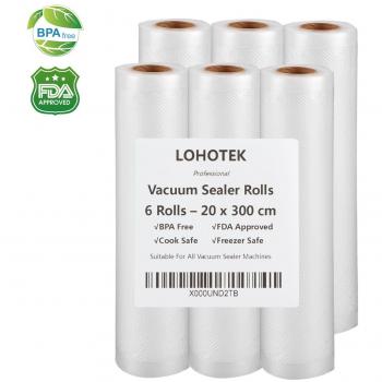 LOHOTEK Rollos para Envasadora Sellador de Vacío 6 Packs 20cmx300cm Bolsas Profesional para la Conservación de Alimentos Protector la Comida para Cocina