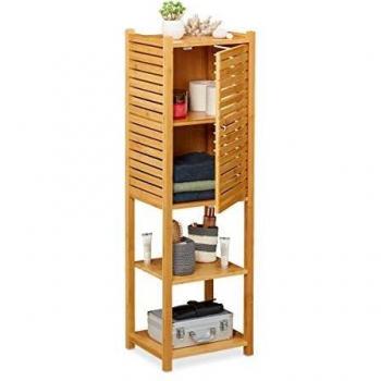 Estantería de baño estrecha en bambú, 5 baldas con puerta, mueble auxiliar 113 x 35 x 29 cm, color natural