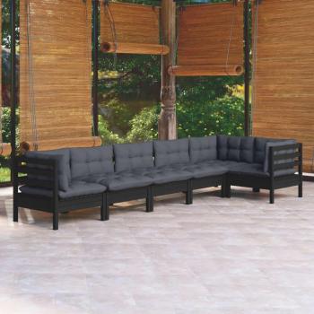 Sofá de jardín 6 PCs con cojines de pino negro sólido y madera de pino