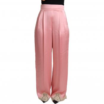 Pink Lace Trimmed Silk Satin Wide Legs Pants