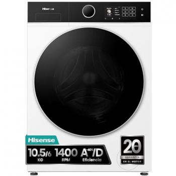 Lavadora Secadora Hisense WD5I1045BWQ, 10.5 kg Lavado, 6 kg Secado, 1400 rpm, Función Vapor, Inverter, 18 Programas