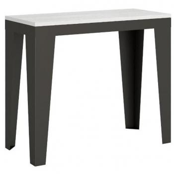 Consola extensible Faye de fresno blanco y patas de metal antracita para 14 personas, ajustable de 40 a 300 cm