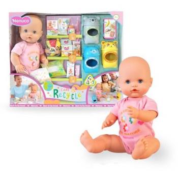 Nenuco Cuida y Recicla - Muñeco Bebé de 42 cm, Cuerpo Duro, Body Rosa, Accesorios para Dar de Comer, Cambiar Pañal y Curar Heridas, Incluye