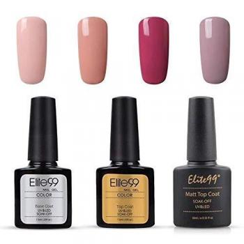 Elite99 Esmalte Semipermanente UV LED 7pcs Kit Uñas de Gel Pintauñas con Base Top Coat, Top Coat Mate, Esmalte de Uñas Soakoff Manicura - Nude 002