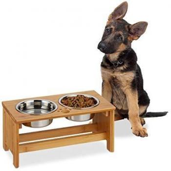 Comedero Elevado para Perros con Soporte de 2 Cuencos, 700 ml, Acero Inoxidable y Bambú, 18.5 x 40 x 20.5 cm, Plateado y Marrón