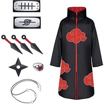 ACWOO Capa de Anime Ninja, 9PCS Set Disfraz de Capa Ninja Cosplay, Abrigo Akatsuki con Diadema Accesorios Traje, Disfraz de Carnaval para adulto y niños, unisex, Halloween, Navidad, fiesta