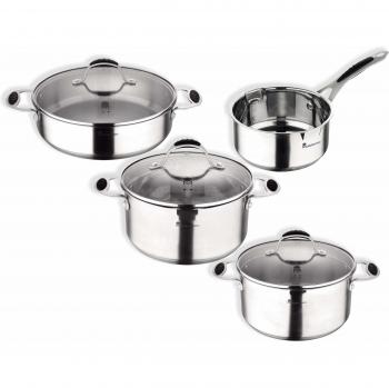 MasterPro PK1683 Set 4 Piezas + 3 Tapas de Vidrio-cacerolas y ollas Gravity-Acero Inoxidable-aptas para inducción