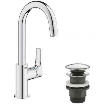 Grifo monomando de lavabo Eurosmart 2021 con caño curvo, tamaño L, con vaciador automático, acabado en cromo (23970003) - Grohe