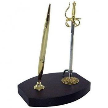 Credan La Colada, El Cid - Set de escribanía con bolígrafo y espada-abrecartas sobre peana, madera lacada y latón, color nogal y dorado