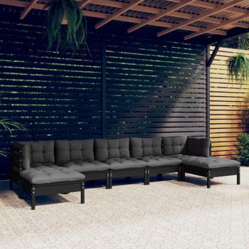 Conjunto de muebles de jardín 7 PCs con cojines en negro y madera de pino