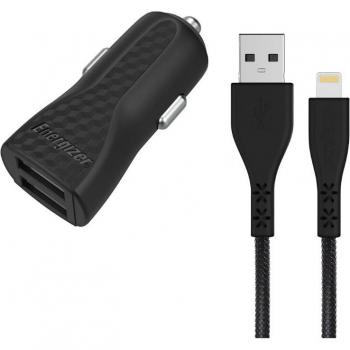 Cargador de Auto Energizer HardCase 2x USB-A 17W 3.4A + Cable Lightning MFi Certificado Negro