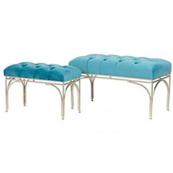 Set de 2 Pies de Cama Elegantes en Velvet con Dimensiones Ajustables 81x41x47-60x30x42 cm, Hierro/Poliéster, Azul/Dorado