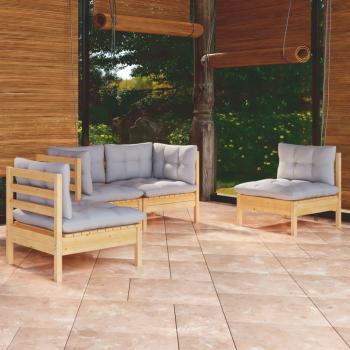 4-Piece Solid Pinewood Garden Lounge Set with Grey Cushions