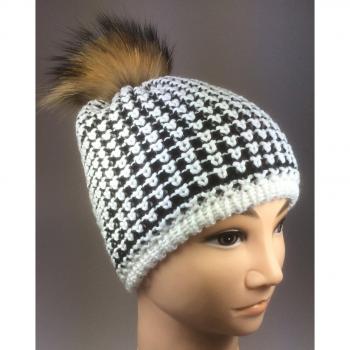 Original Eisbär pompón Gorro Jalo Fur, Negro/Blanco Con Pompón de Piel Real.