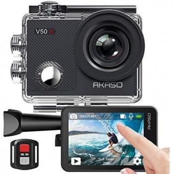AKASO Cámara Deportiva WiFi Nativa 4K 30fps Cámara de acción con Pantalla Táctil EIS Ángulo de Visión Ajustable Cámara acuatica Sumergible 40M Control Remoto 2 Baterías Multi Accesorios V50X