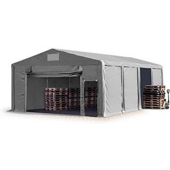 Carpa almacén Toolport 8x8 m, altura lateral 3m, PVC 850, color gris, 100% impermeable, con puerta levadiza