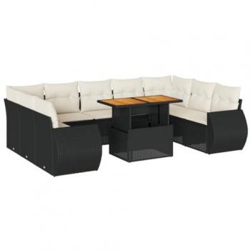 10-Piece Black Poly Rattan Garden Sofa Set with Cushions