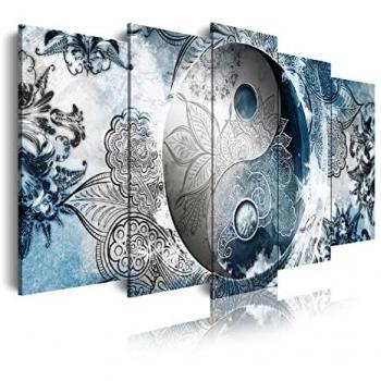 Cuadro Moderno Étnico Ying y Yang en Lienzo Decorativo - Impresión Artística Digitalizada - 5 Piezas 150x80cm - Colores Plateado y Azul