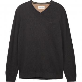 Suéter de Hombre Tom Tailor Básico con V-Cuello en Negro Gris Melange, Algodón Compacto, Talla XXL