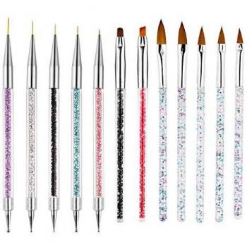 VEGCOO 12Pcs Pincel Acrilico Uñas, Pinceles para Arte de Uñas Pintura de Uñas, Pinceles Manicura Nail Art Cepillo Pintura Punteado de Gel para Decoración Uñas