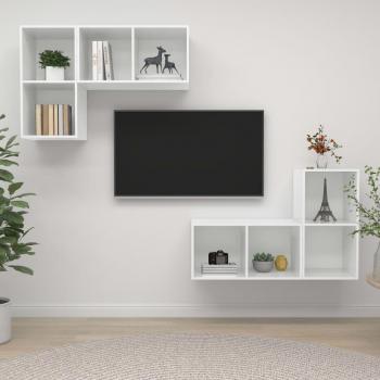 Mueble de salón de pared 4 piezas madera ingeniería con acabado en blanco brillante y detalles en color carvalho sonoma, incluye mueble TV, mesa de TV y espacio para almacenamiento