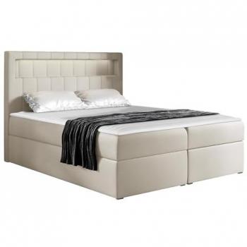 Cama Continental Baltimore 131 Doble en Cuero Ecológico con Somieres, 180x200 cm, Color Marrón Claro, Incluye LED y Cajones de Almacenamiento