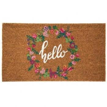 Felpudo de coco con base antideslizante y diseño Hello con corona de flores