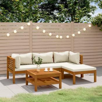 Conjunto de muebles de jardín de 5 piezas con cojines crema de madera maciza de acacia