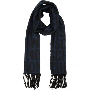Moschino Wool Scarf with Logo Pattern and Fringe Details, Blue, ONE SIZE