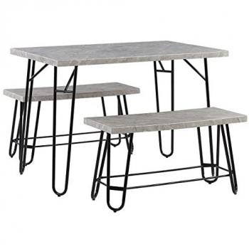 Conjunto de Comedor Industrial Kempton 4 Plazas con Chapa de Mármol Gris y Negro, 2 Bancos