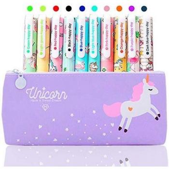 10 Lápices Bolígrafos de Unicornio con Estuche de Regalo Escolar para Niñas Edad 3 4 5 6 7 8 9 10 Años, TOYESS Bolígrafos Flamingo Lindos Set Regalo de Cumpleaños para Niños, Púrpura