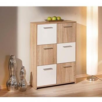 Aparador Multiusos Blanco y Roble con 6 Puertas - 77 x 30 x 115 cm