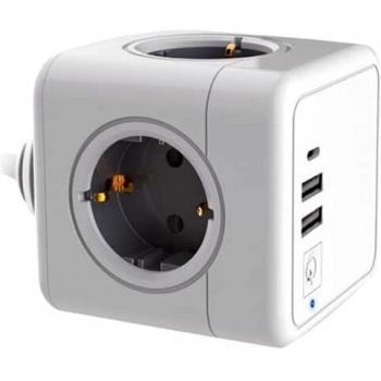 Silver Electronics - E-Kube Cubo Regleta Alargador Ladron con Enchufe con 4 Tomas, 1 USB-C, 2 USB, Cable 1,5m Protección contra Sobretensiones, Ideal para Hogar, Oficina y Viaje
