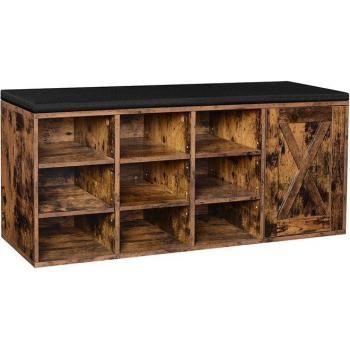 Banco de zapatos con armario y 9 compartimentos, asiento acolchado, puerta de granero, marrón rústico, 110x30x48 cm
