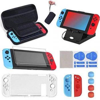 16 en 1 Kit de Accesorios para Nintendo Switch, Funda para Nintendo Switch, Funda Protectora de Silicona | Funda de Transparente | Protector de Pantalla | Tapas para Joystick | Soporte Ajustable