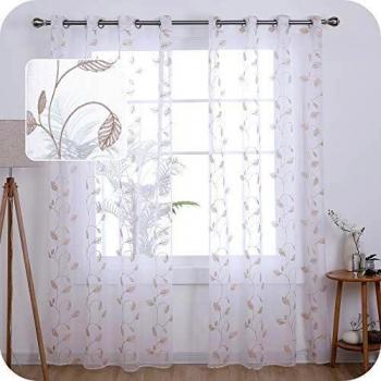 Amazon Brand - Umi Cortinas Salon Translucidas de Dibujos Hojas con Ollaos 140x290cm Lino