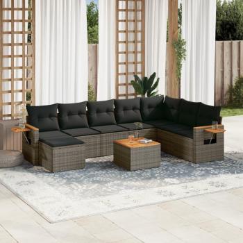 9-Piece Grey Poly Rattan Garden Sofa Set with Cushions