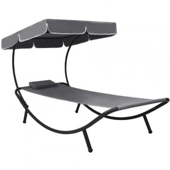 Cama de jardín con dosel y almohada gris
