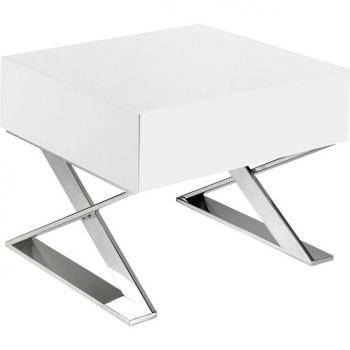 Mesita de noche ANGEL CERDÁ 7007C con patas aspa de acero, blanco, fabricada en acero inoxidable y acero cromado, con estructura de madera DM lacada, dimensiones de 50 x 48 x 38