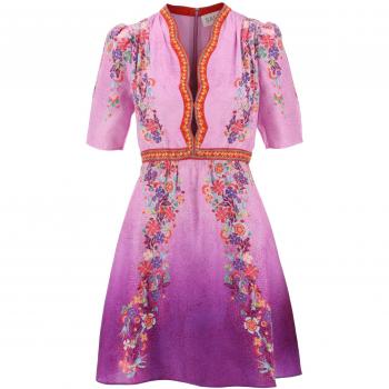 Floral Polka Dot Silk Mini Dress in Purple - Size 2XS