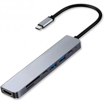 Cable Adaptador 7 en 1 USB Tipo C 3.1 Plata con Puerto USB A, Lector de Tarjetas Micro SD y Salida HDTV Compatible con PC, Ordenador de Mesa y Portátil