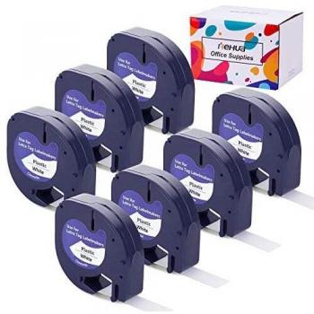 Hehua 7 Pack 91201 S0721610 Compatible Dymo Letratag LT91201, 12mm x 4m Negro sobre Blanco Cinta de Etiqueta Plástico para Dymo Etiquetadoras LT-100h LT-100T LT-110T XR XM