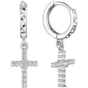 Sweetiee Pendientes de aro en plata de ley 925 con colgante con cruz de circonio macro AAA