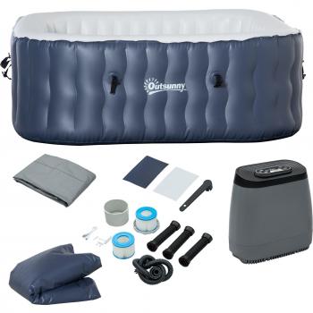 Outsunny Spa Hinchable Cuadrado para 4 Personas 930L Jacuzzi 180x180x68 cm con 108 Chorros de Masaje, Calefacción, Control Remoto, Filtro, Cub