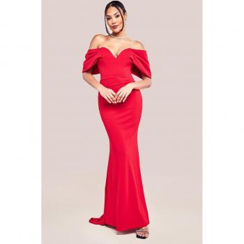 Goddiva Red Off-The-Shoulder Draped Sleeve Maxi Dress