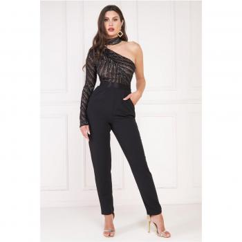 Goddiva One Shoulder Sequin Jumpsuit - Black